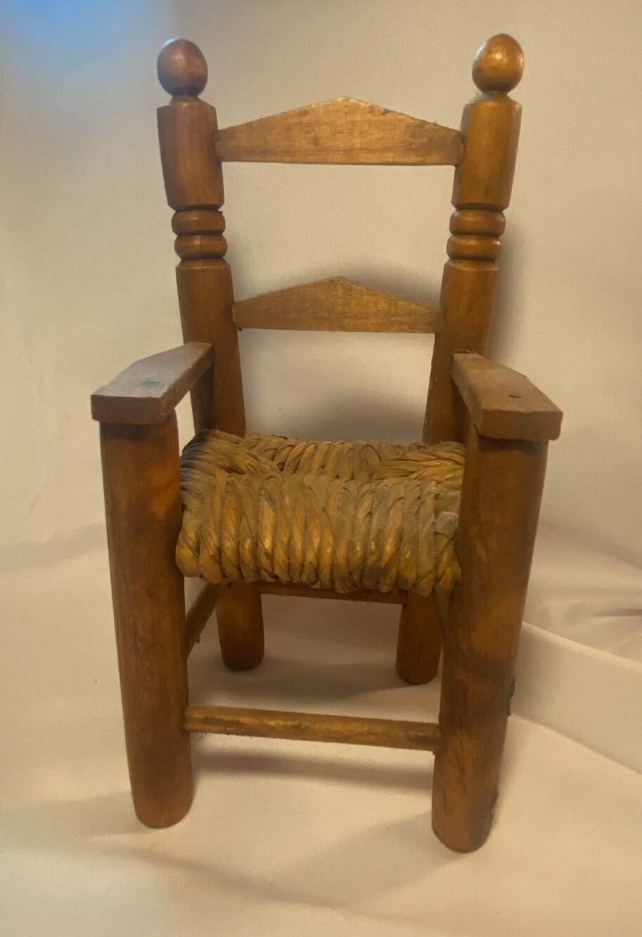Vintage Handcrafted Wooden Doll Armchair with Woven Rush Seat